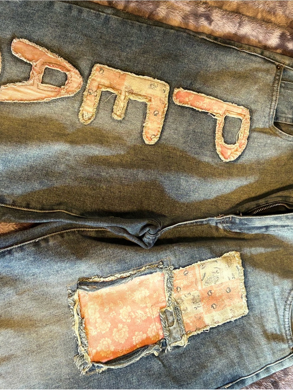 Embroidered 'PEACE' Wide Leg Denim Jeans with Pink Patchwork - Picture 7 of 7